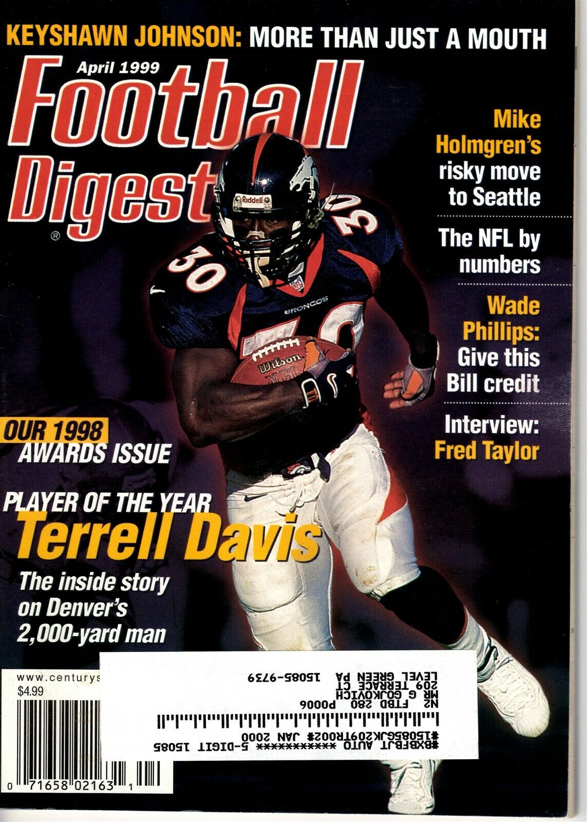 VINTAGE Apr 1999 Football Digest Magazine Terrell Davis Broncos