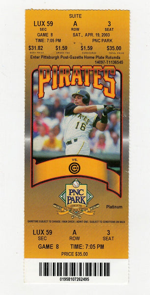 VINTAGE Apr 19 2003 Chicago Cubs Pittsburgh Pirates Ticket Jason Kendall 4 Hits