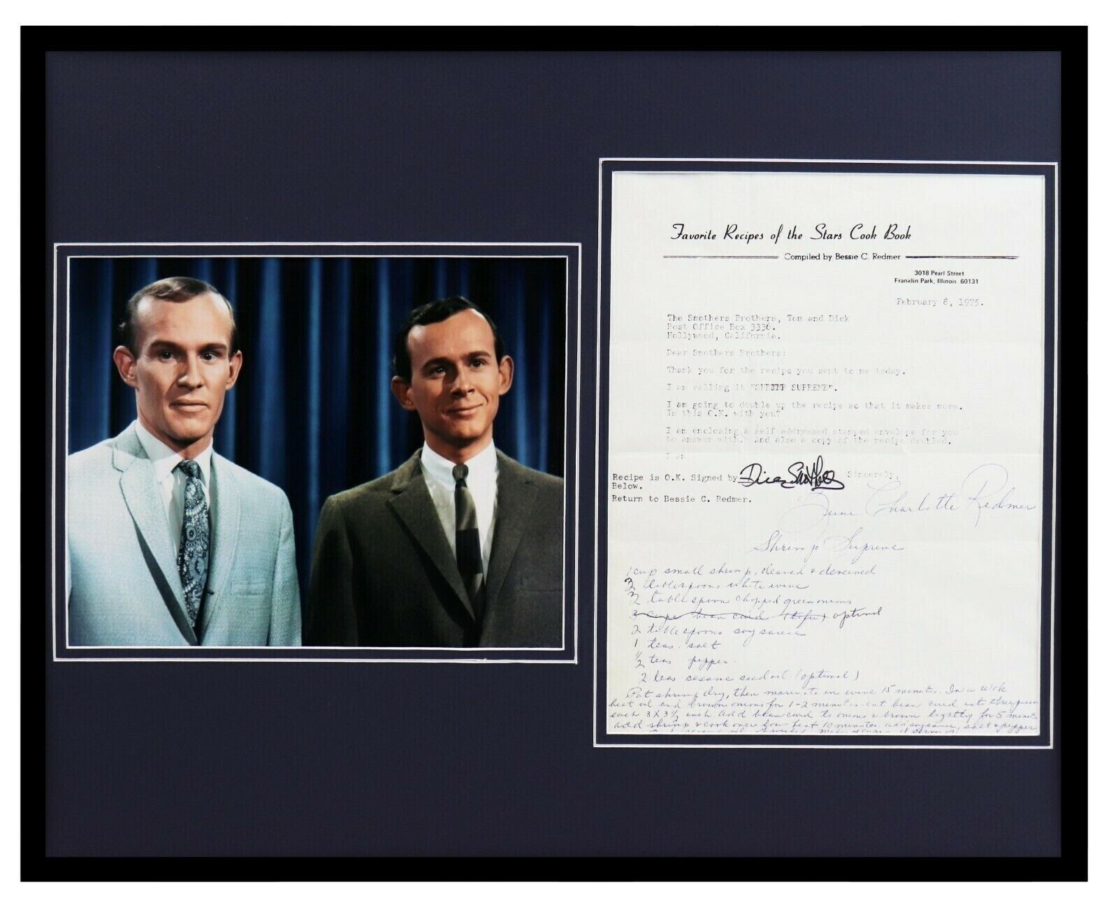 Dick Smothers Signed Framed 16x20 1975 Typed Recipe & Photo Display 