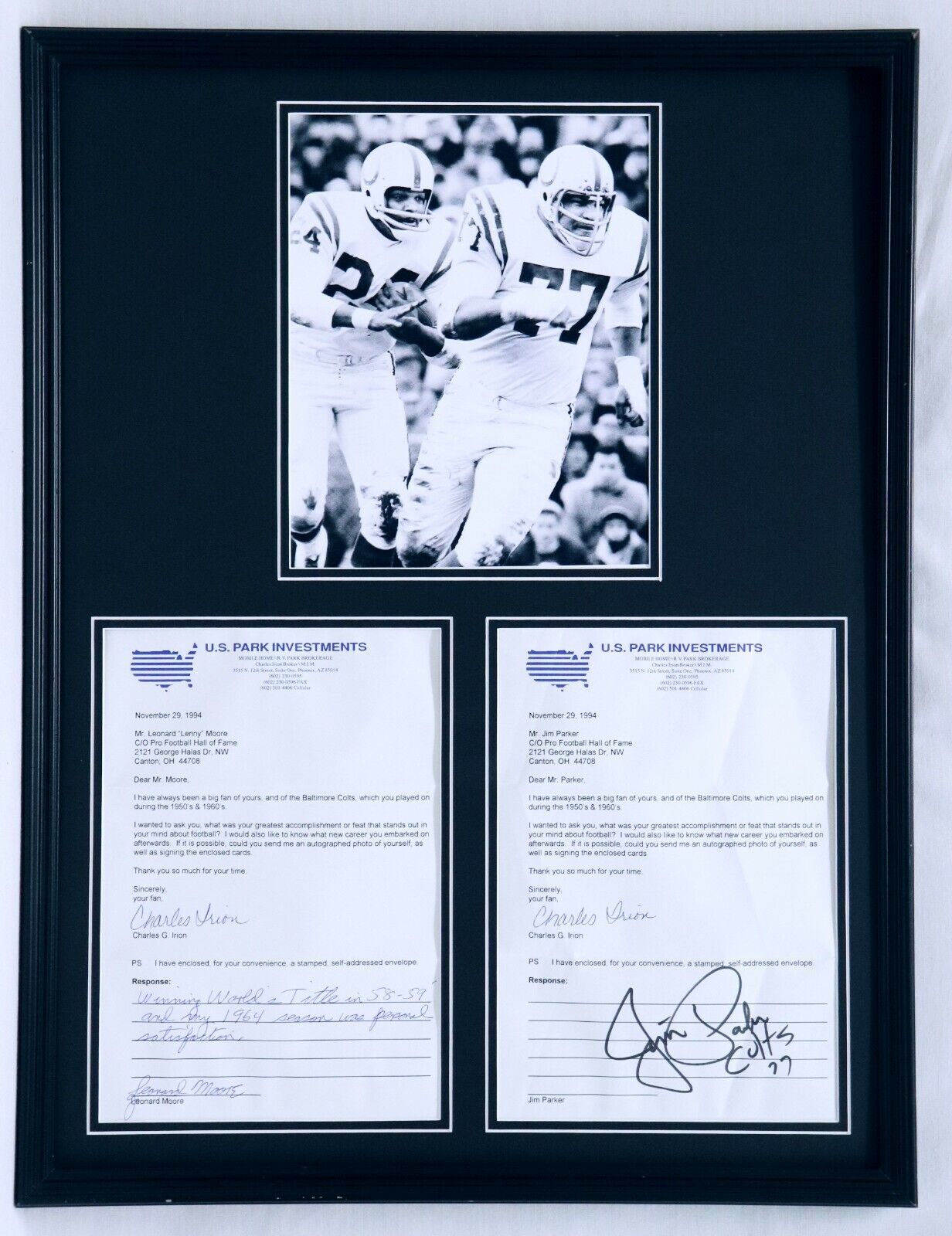 Jim Parker & Lenny Moore Dual Signed Framed 18x24 Letter & Photo Display Colts