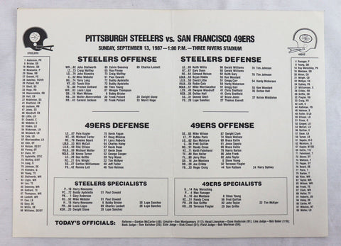 ORIGINAL Vintage Sep 13 1987 49ers @ Steelers Lineup Card Montana Rice Young