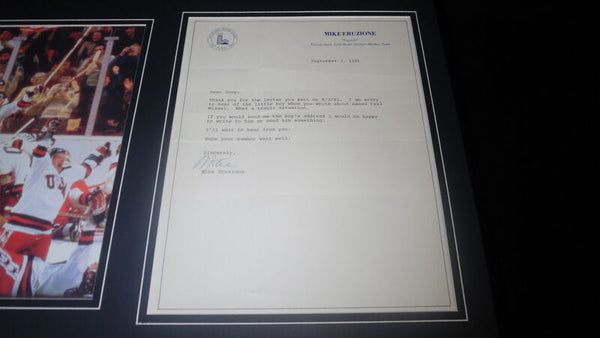 Mike Eruzione Signed Framed 16x20 1981 Letter & Photo Display Miracle on Ice JSA