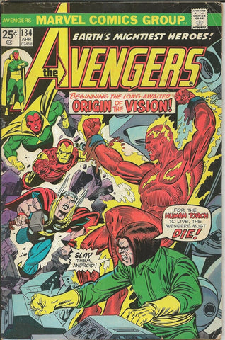 Avengers #134 ORIGINAL Vintage 1975 Marvel Comics Vision Origin