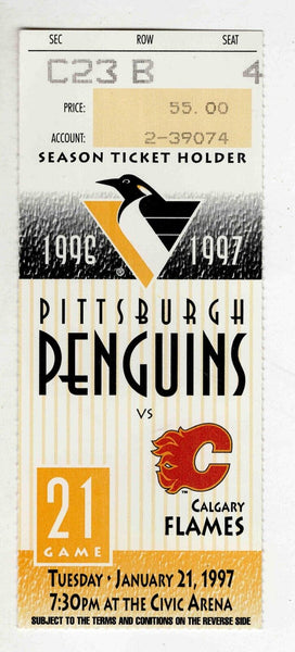 Jan 21 1997 Calgary @ Pittsburgh Penguins Ticket Mario Lemieux Goal Jagr Assist