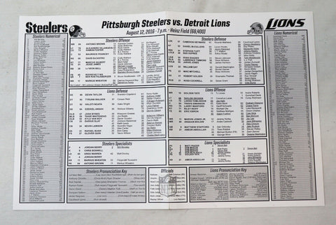 ORIGINAL Vintage Aug 12 2016 Lions Steelers Lineup Card Roethlisberger Stafford