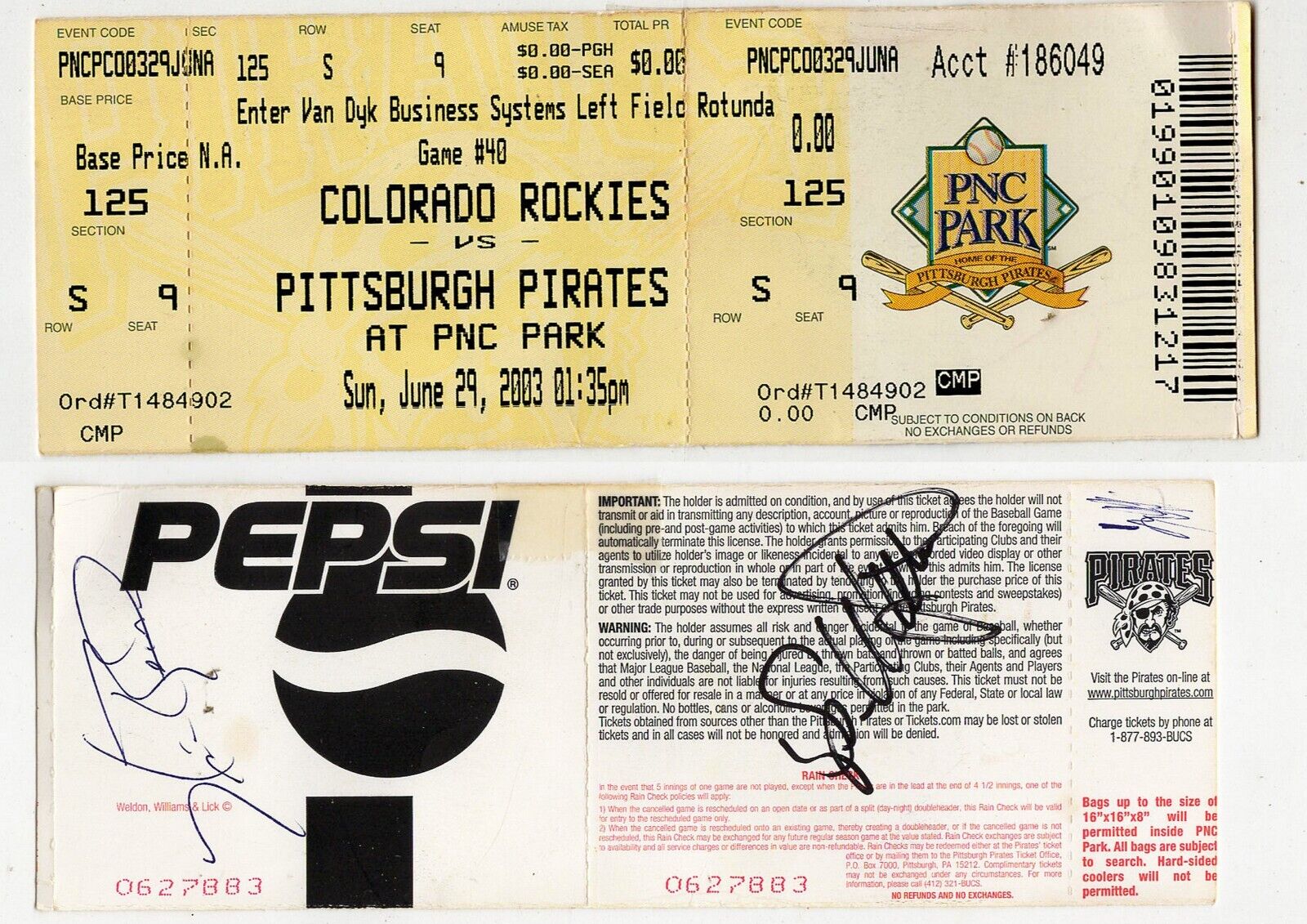 Kris Benson +1 Signed June 29 2003 Colorado Rockies @ Pittsburgh Pirates Ticket