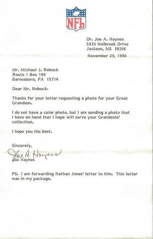 Dr Joe Haynes Signed 1990 Typed Letter NFL Line Judge