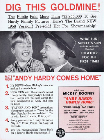 Andy Hardy Comes Home 1958 ORIGINAL Vintage 9x12 Industry Ad Mickey Rooney