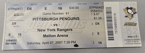 Apr 7 2007 Rangers @ Penguins Ticket Sidney Crosby 2 Assists