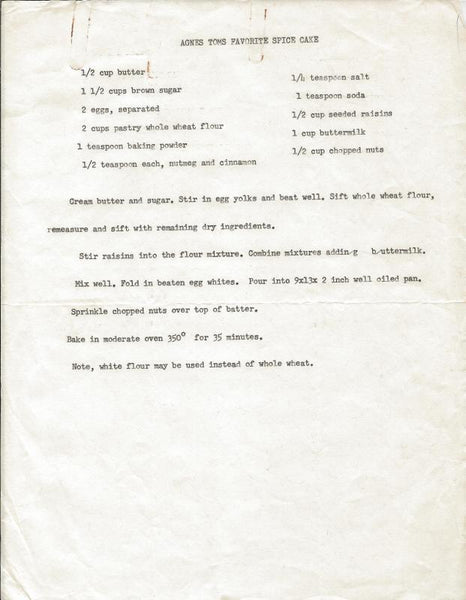 Agnes Toms Signed 1968 Handwritten Letter & Spice Cake Recipe