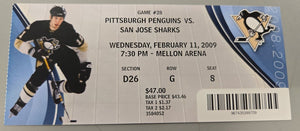 Feb 11 2009 Sharks @ Pittsburgh Penguins Ticket Marc Andre Fleury Win 36 Saves