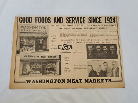 VINTAGE 1958 Washington PA Meat Market Newspaper Advertisement