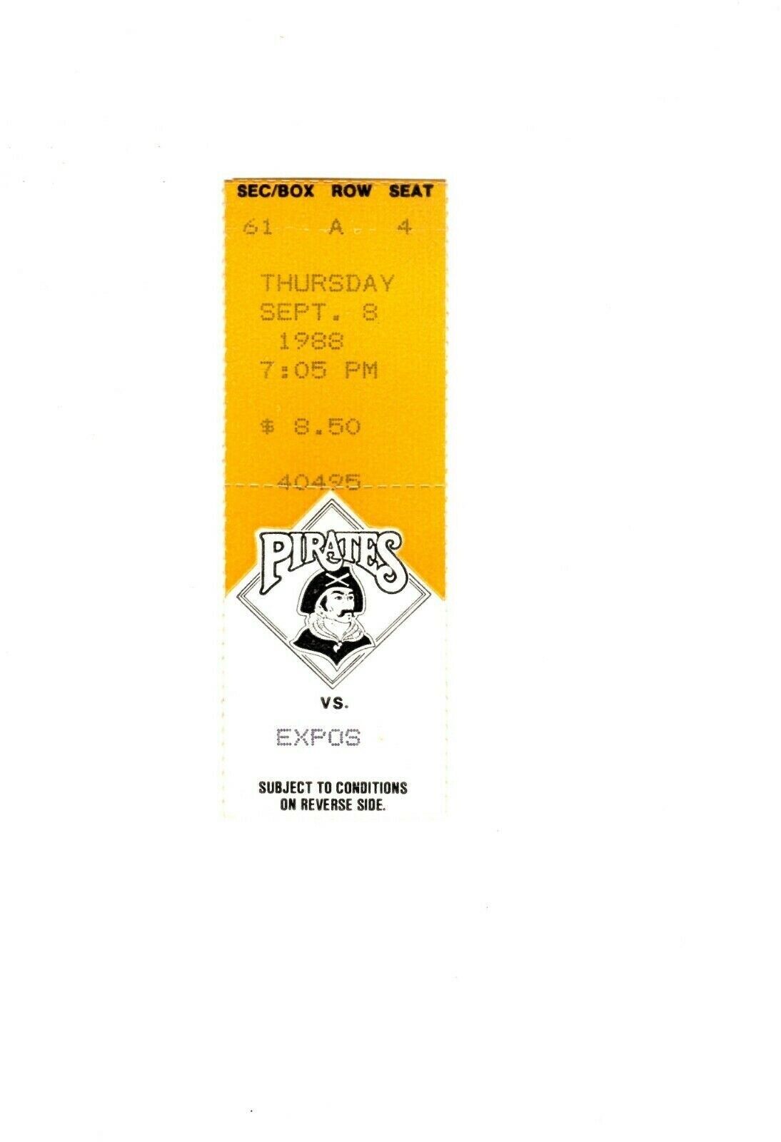 Sep 8 1988 Montreal Expos @ Pittsburgh Pirates Ticket Barry Bonds Career HR #64