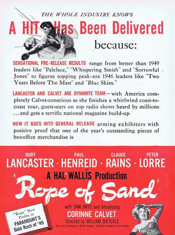 1949 Rope of Sand ORIGINAL Vintage 9x12 Industry Ad Introducing Corinne Calvet 