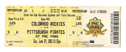 June 29 2003 Colorado Rockies @ Pittsburgh Pirates Ticket Jason Kendall 4 Hits