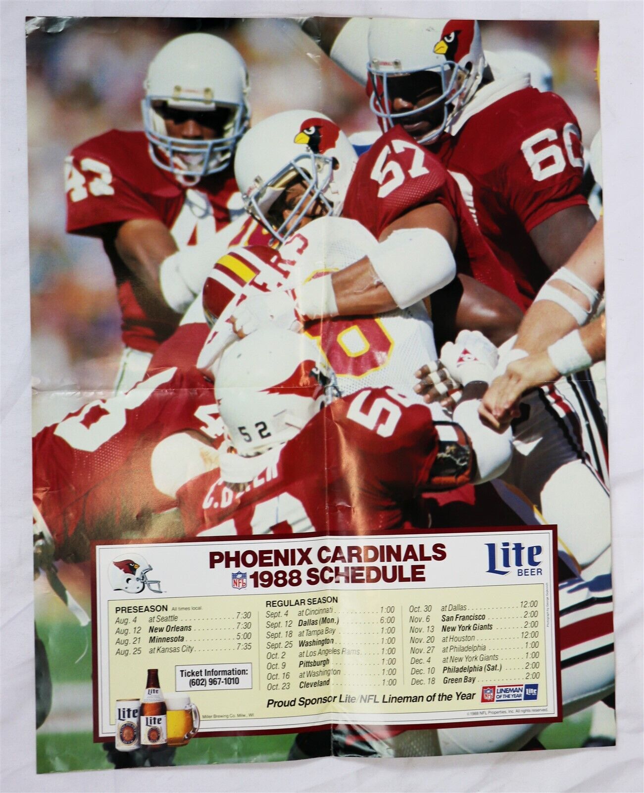 VINTAGE 1988 Miller Lite Beer Phoenix Cardinals 17x23" Folded Schedule Poster 