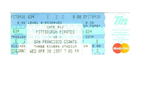 Apr 30 1997 San Francisco Giants @ Pittsburgh Pirates Ticket Jeff Kent HR Bonds