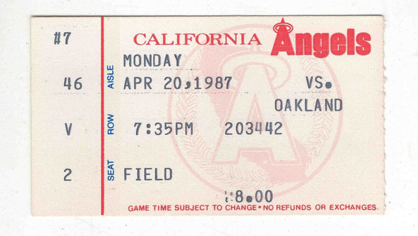 Apr 20 1987 California Angels Oakland A's Ticket Terry Steinbach 2 HR McGwire RC