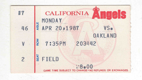 Apr 20 1987 California Angels Oakland A's Ticket Terry Steinbach 2 HR McGwire RC