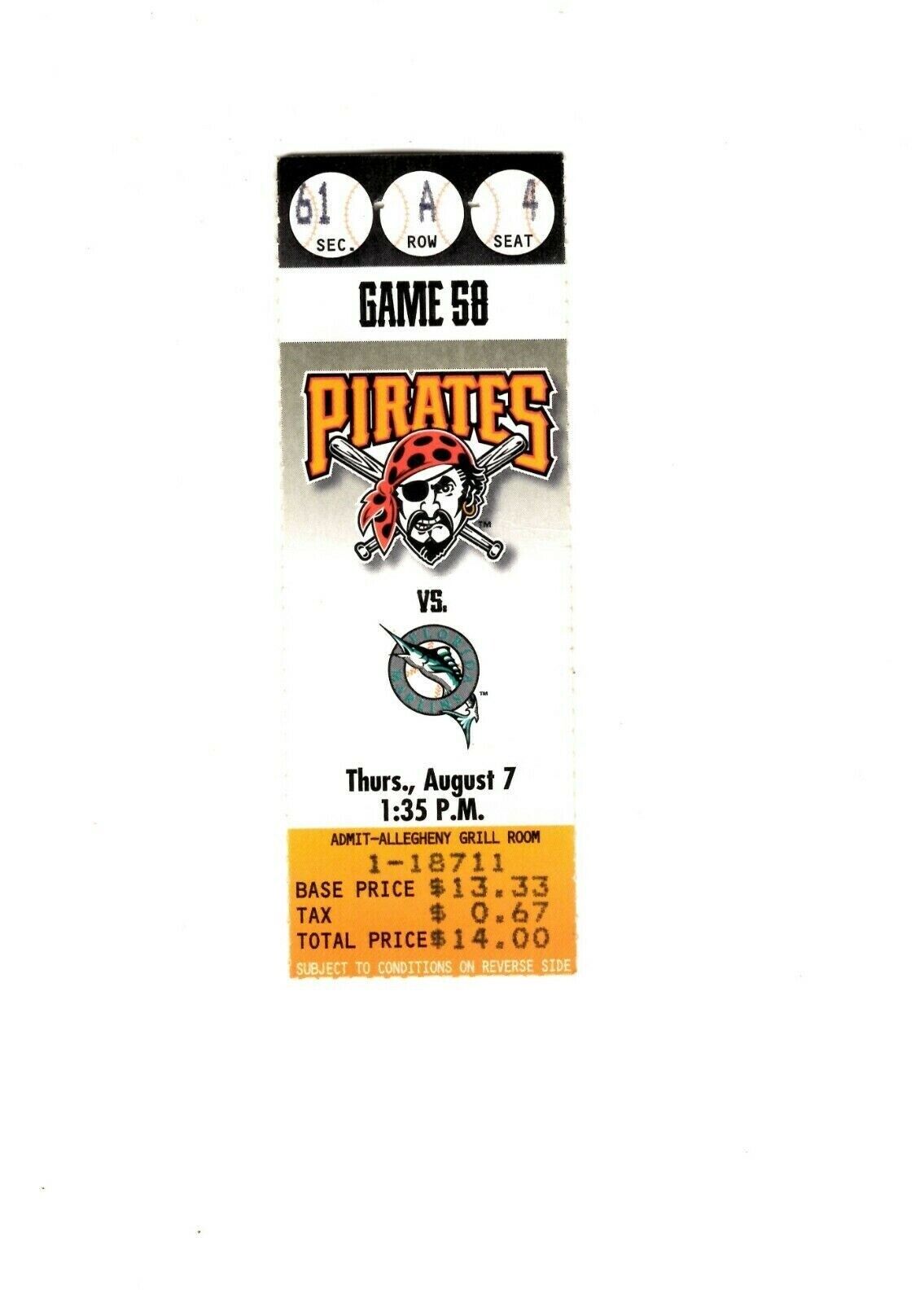 Aug 27 1997 Florida Marlins @ Pittsburgh Pirates Ticket Jason Kendall HR