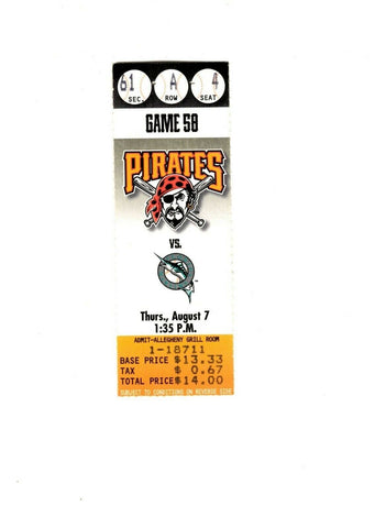 Aug 27 1997 Florida Marlins @ Pittsburgh Pirates Ticket Jason Kendall HR