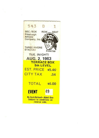 Aug 2 1983 Philadelphia Phillies @ Pittsburgh Pirates Ticket Johnny Ray 5 Hits