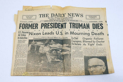 ORIGINAL Vintage Dec 26 1972 Death of Harry Truman PA Daily News Newspaper