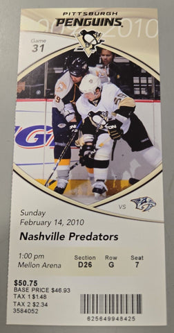 Feb 14 2010 Predators @ Penguins Ticket SIdney Crosby Goal