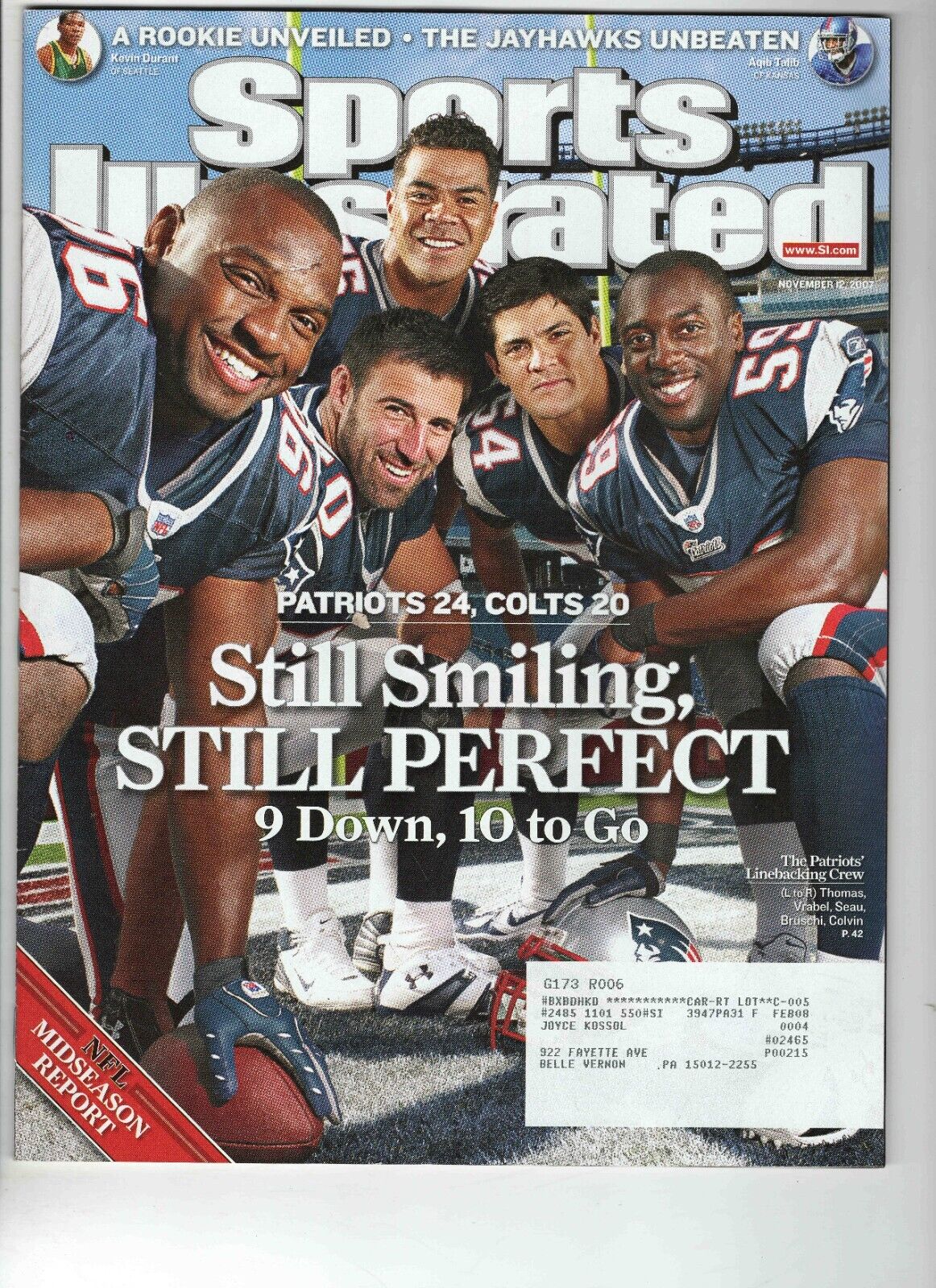 Nov 12 2007 Sports Illustrated Magazine Patriots Junior Seau Mike Vrabel