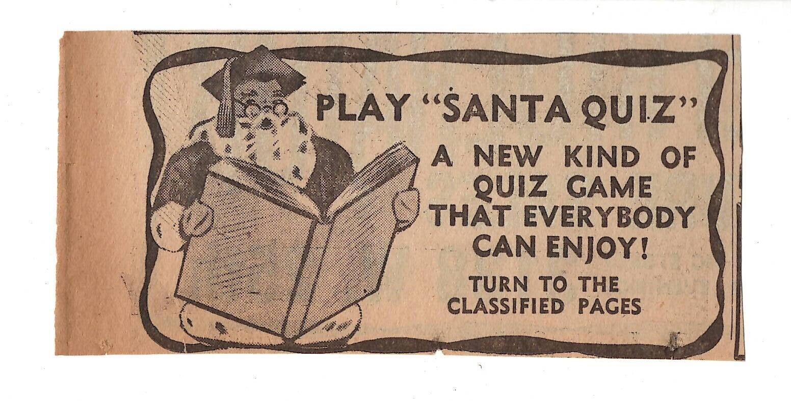 VINTAGE 1941 Santa Claus Quiz Christmas Newspaper Advertisement