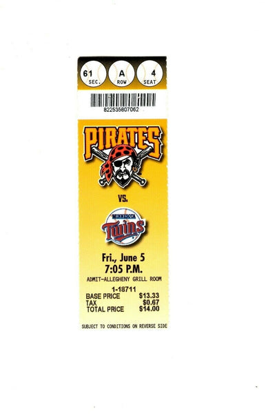 June 5 1998 Minnesota Twins @ Pittsburgh Pirates Ticket Interleague Paul Molitor