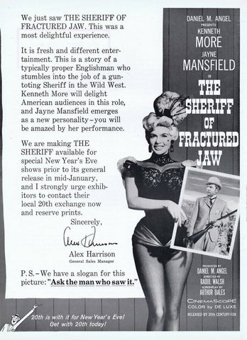 Sheriff of Fractured Jaw 1958 ORIGINAL Vintage 9x12 Industry Ad Jayne Mansfield