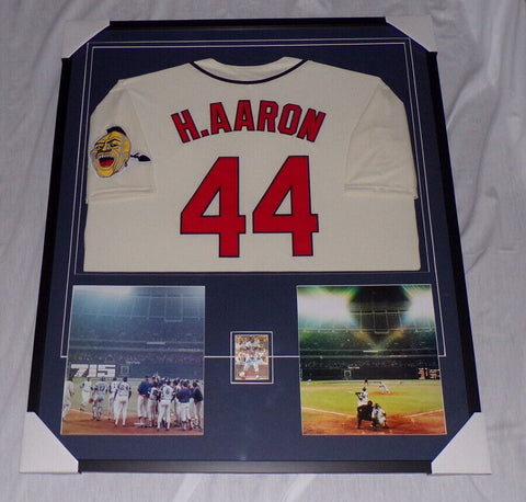 Hank Aaron Signed Framed 32x38 Jersey & Photo Display Braves