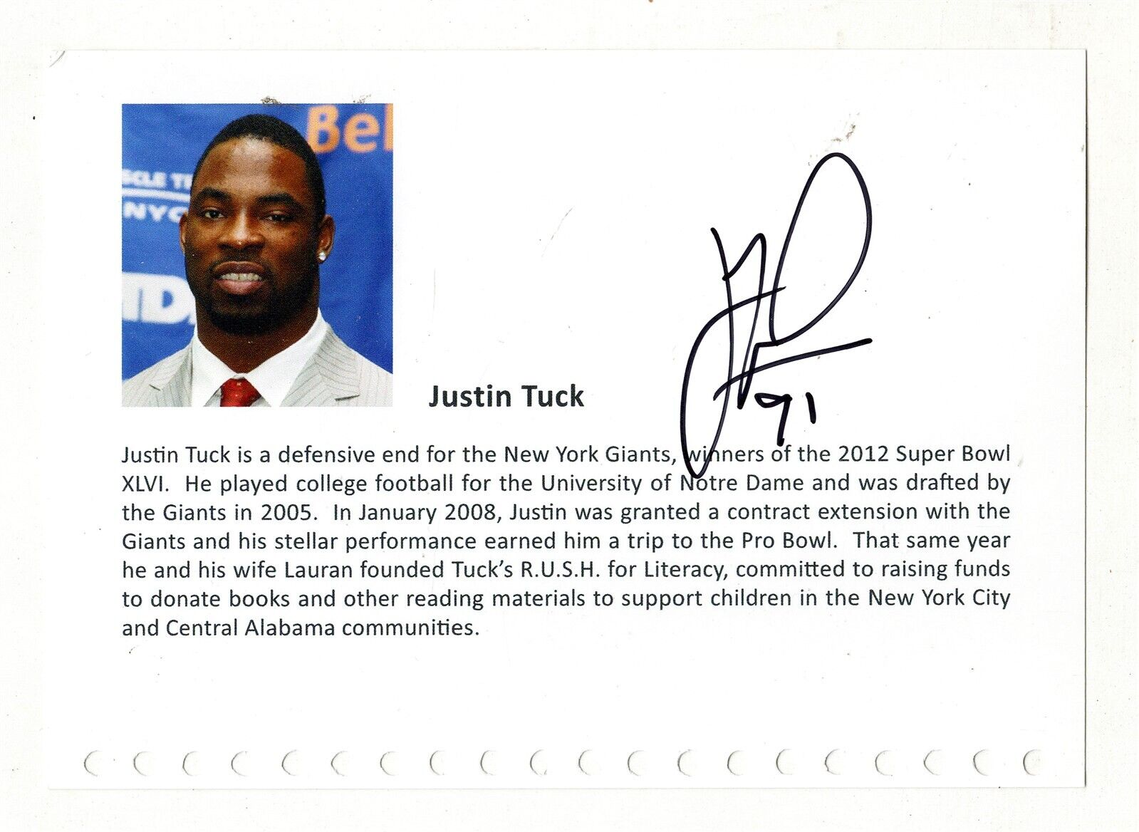 Justin Tuck Signed 5x7 Photo Card NY Giants Super Bowl XLVI