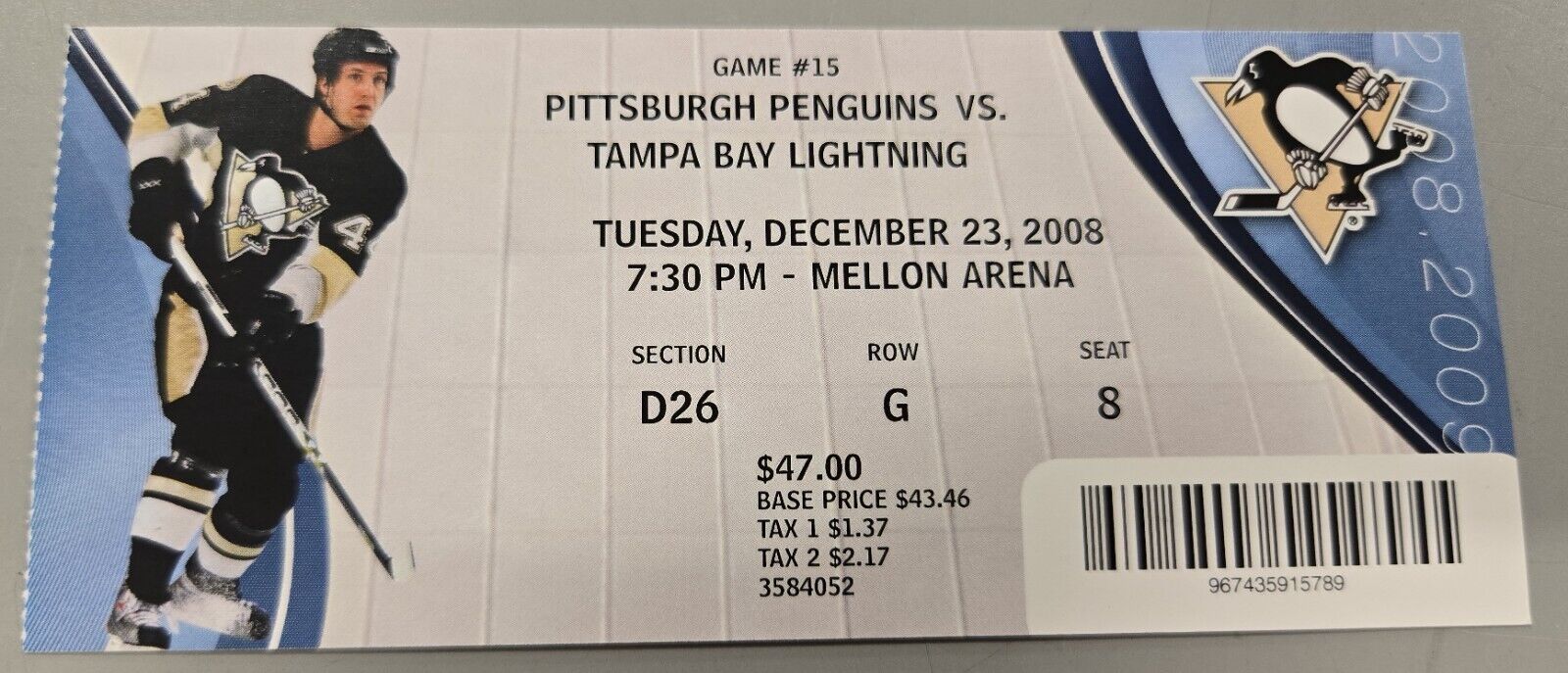 Dec 23 2008 Lightning @ Pittsburgh Penguins Ticket Sidney Crosby Evgeni Malkin