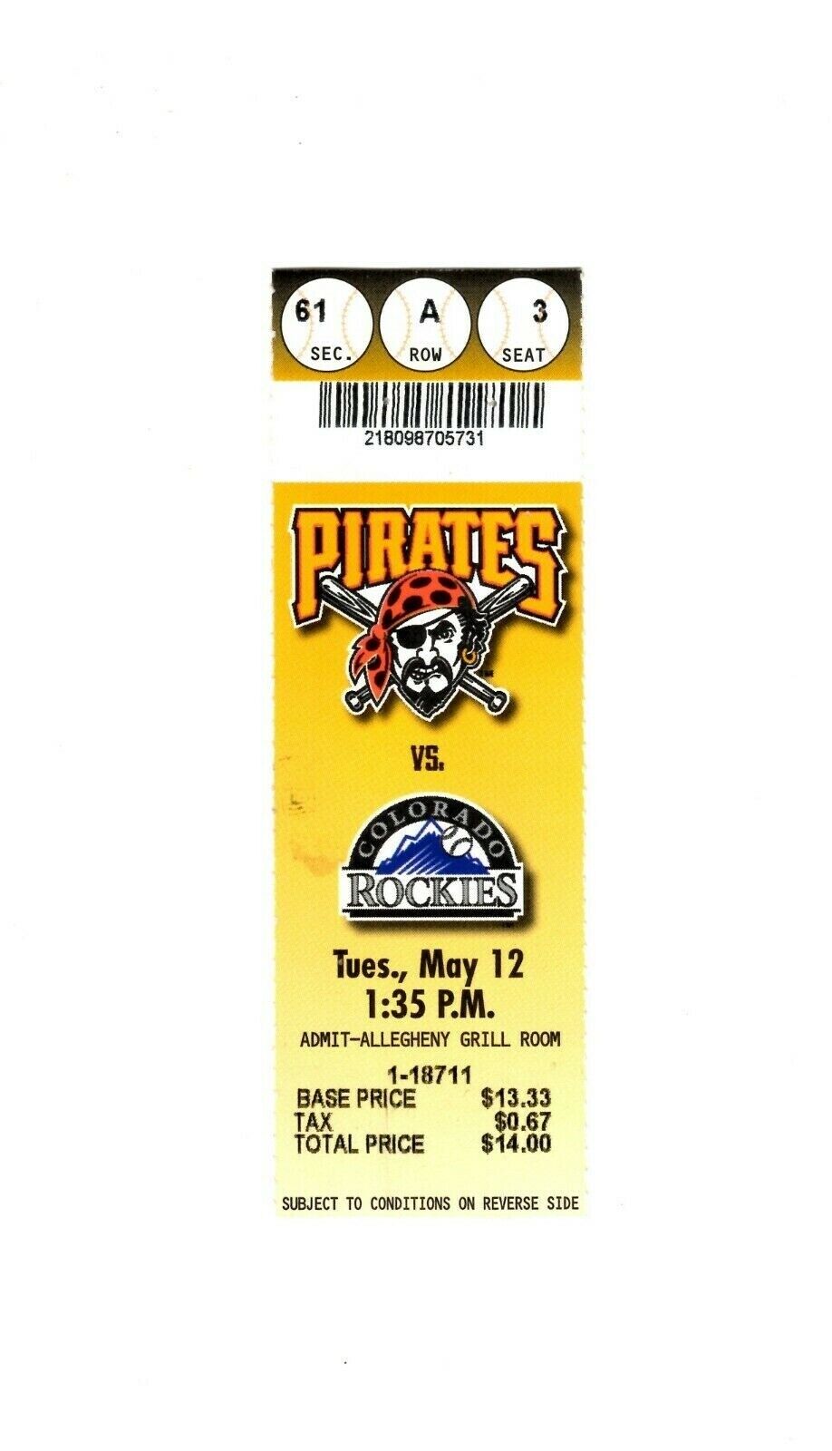 May 12 1998 Colorado Rockies @ Pittsburgh Pirates Ticket Kevin Young 3-3/HR