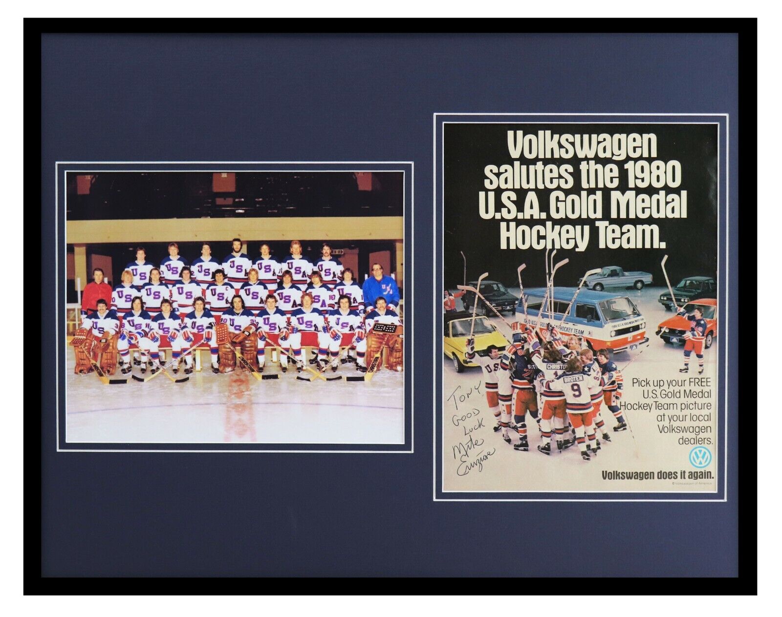 Mike Eruzione Signed Framed 16x20 1980 Volkswagen Ad & Photo Set Miracle JSA