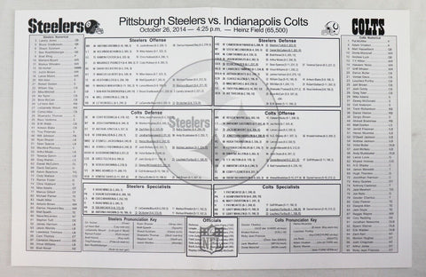 ORIGINAL Vintage Oct 26 2014 Colts @ Steelers Lineup Card Roethlisberger Luck AB