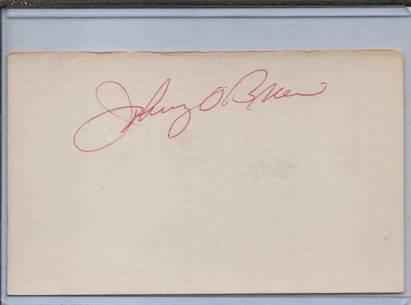 Johnny O'Brien Signed 3x5 Index Card JSA Pirates