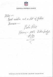 Bob Rice Signed Handwritten Letter NFL Side Judge 