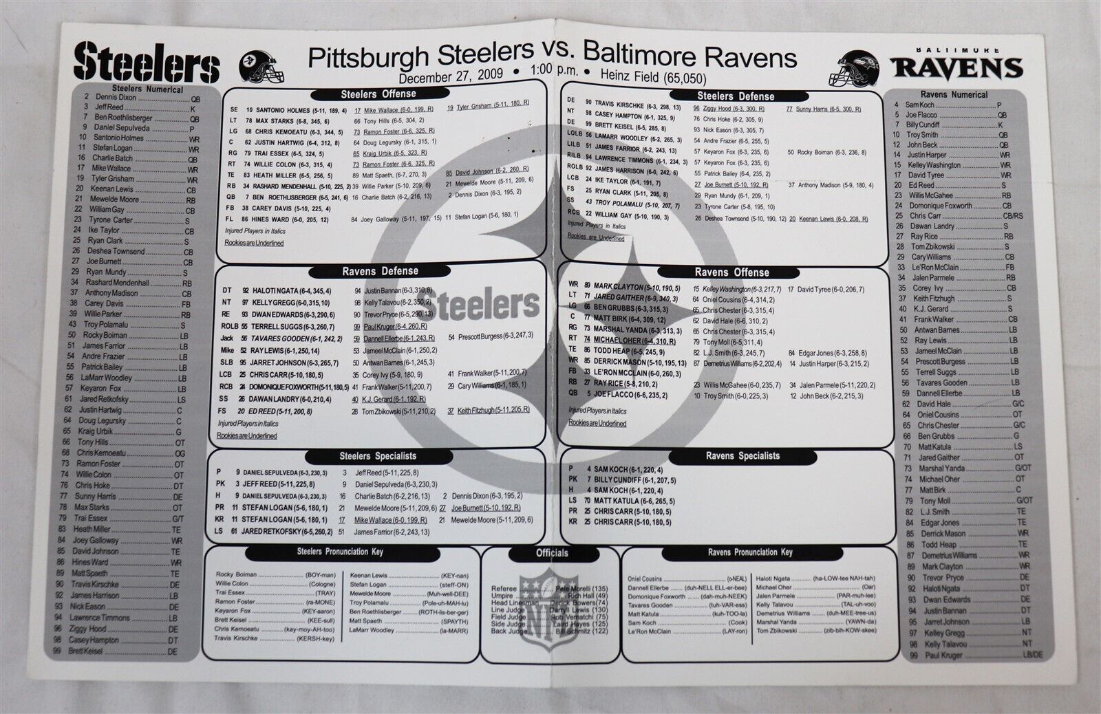 ORIGINAL 2009 Balt Ravens @ Pittsburgh Steelers Lineup Card Roethlisberger