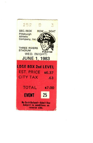 June 1 1983 Atlanta Braves @ Pittsburgh Pirates Ticket Dave Parker HR