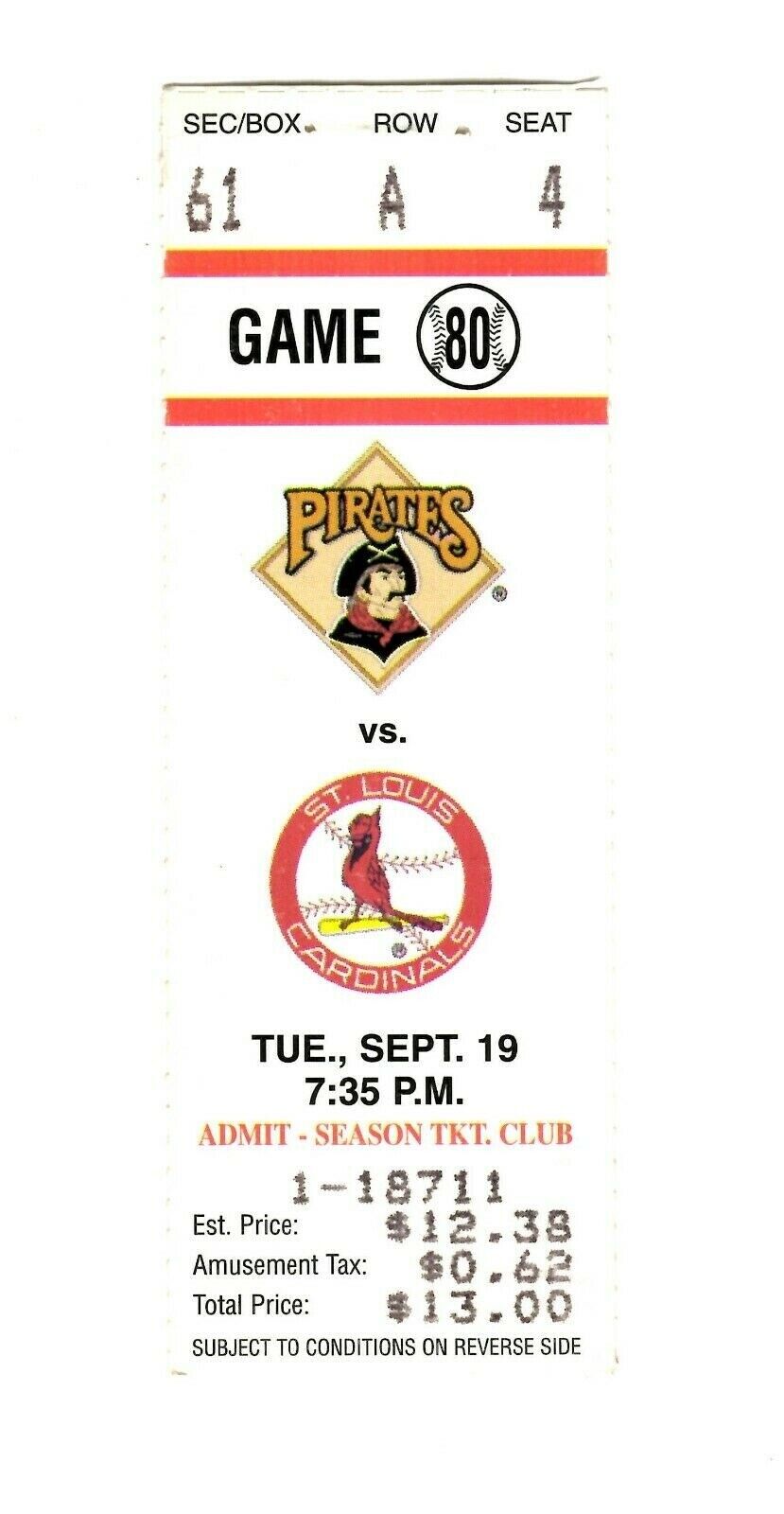 Sep 19 1991 St Louis Cardinals @ Pittsburgh Pirates Ticket B Bonds Ozzie Smith