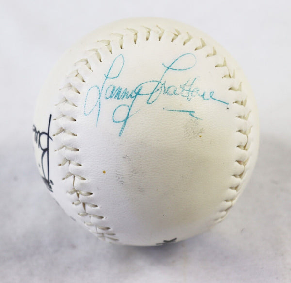 Lanny Frattare Bill Landrum Signed Softball w/ Pittsburgh Pirate Parrot Sketch