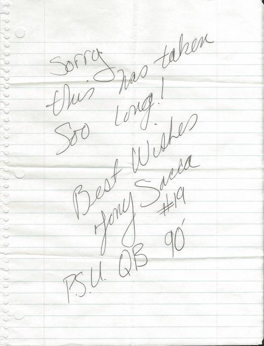 Tony Sacca 1990 Signed Handwritten Letter Penn State