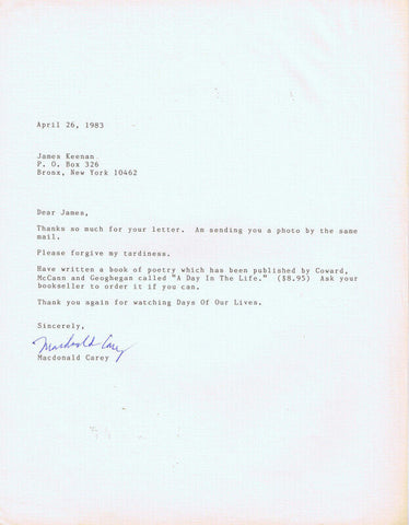 Macdonald Carey Signed 1983 Typed Letter Days of Our Lives