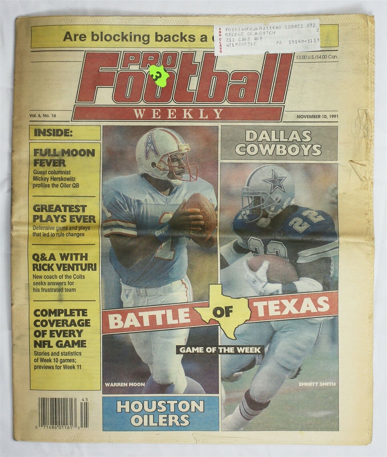  VINTAGE Nov 10 1991 Pro Football Weekly Emmitt Smith Warren Moon