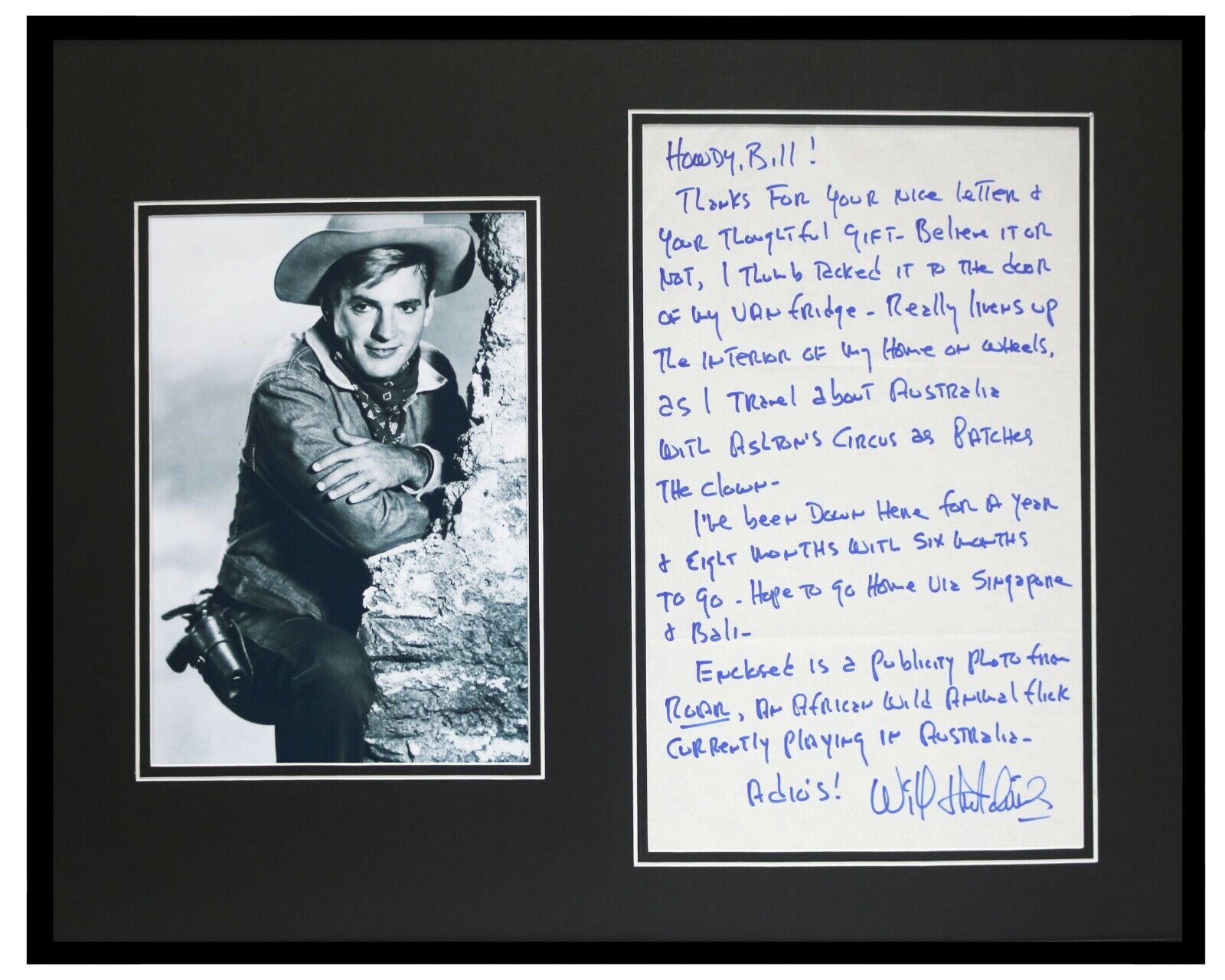 Will Hutchins 16x20 Signed Framed Handwritten Letter & Photo Display Sugarfoot