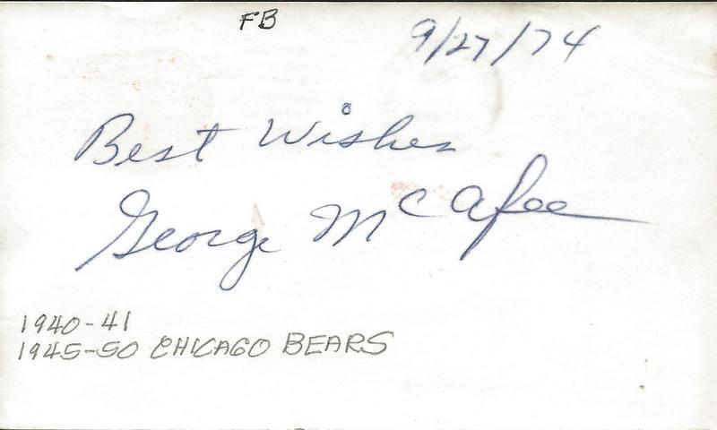 George McAfee Signed 1974 3x5 Index Card Chicago Bears Duke