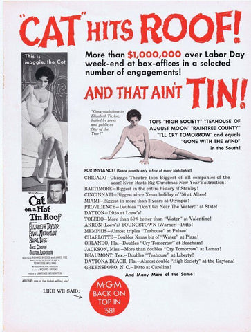 Cat on a Hot Tin Roof Elizabeth Taylor 1958 ORIGINAL Vintage 9x12 Industry Ad  